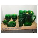 Flat of Green Glass/ Pitcher/Glasses Etc