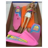 Barbie with pool float, Jetski, surf Board, board