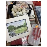 Golf balls, tees, book, cup, picture, and misc
