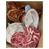 Box Of Vntg. Dishes/Valentines Cake Pans?/Misc