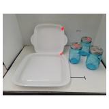 2 Corningware Microwave Dishes & 3 Cnt Blue Glass