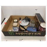 Flat of Household Items: Camera, Football Cards,