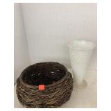 2 Ct. Basket and Milk Glass Vase?
