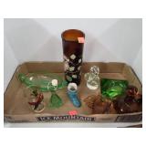 Flat of Glass Figures/Ashtray/Green Glass Etc