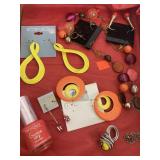 Orange & Red Necklace/5 Pr Earrings/Ring & Nail