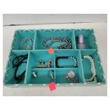 Turquoise Jewelry Box W/ 2 Sterling Silver Rings/