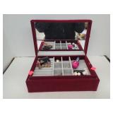 Red Celvet Jewelry Box W/ 3 Beaded Necklaces/ 5