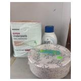 Heavy Duty Paper Plates, Detergent, Underpads