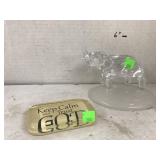 Glass Elephant Statue and Trust God Paperweight