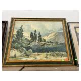 Framed, signed mountain picture (31 x 35)