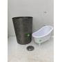 Decor lot, trash can, plastic tub, & drain cover