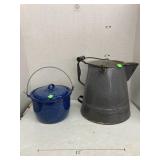 Enamelware coffeepot and lidded pot
