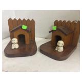 Vintage Wooden Bookends - Ceramic Dog Miniature