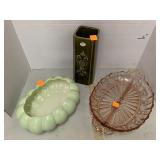 Hull Dish, Roseville Vase, and Pink Depression