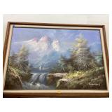 Framed, signed waterfall painting approx 40 x 28