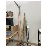 Various garden tools, tree saw, brushes, & Hang