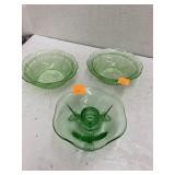 Vntg green glass bowls and candle holder