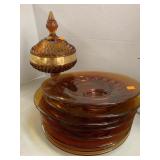 Amber-colored Plates and Dish with lid