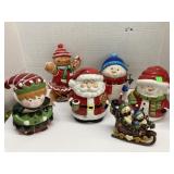 Ceramic candy/cookie jars and snowmen in sled