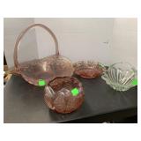Pink glass basket and 3 Glass bowls
