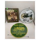 John Deere clock and 2 Metal signs