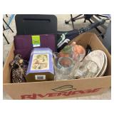 Box w/ Tennis Racket, Plastic Pitcher & Cups,