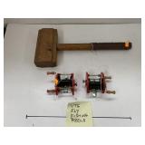 Vntg Fly Fishing Reels and Wooden Mallet
