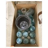 Vntg blue Ball jars, & planting pots