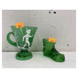 Vntg green glass cup & hobo boot toothpick holder