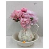 USA pottery pitcher & bowl w/ flowers