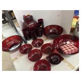 Ruby Red Glass Pitcher, Cups, Bowls