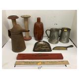 Misc. advertising, spools, mugs, jug, & oil can