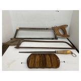 Hack saws, knife sharpener, & cast iron corn pan