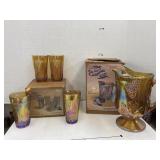 Gold carnival glass glasses and pitcher