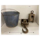 Vntg enamel bucket (holes), & pulleys