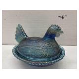 Vintage Indiana Glass Blue Carnival Hen On Nest -