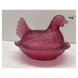 Indiana Glass Hen on Nest cranberry red