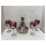 Grape painted carafe & 4- wine glasses