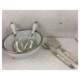 Pewter finished porcelain bowl & servers, pasta