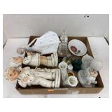 Figures, bells, tea cup, nativity, & glass cup
