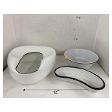 Enamelware bedpan, emesis bowl, & bowl