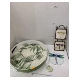 Glass Leaves, Dragon Flys, and Plastic Tray