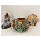 Resin wolf & ceramic figure and bowl