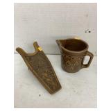 Acme wooden carved boot jack & stoneware pitcher