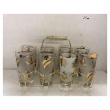 Vntg gold leaf glasses & metal caddy