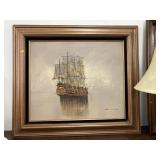 Framed, signed tall ship painting (27 x 31)