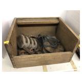 Wooden Box w/ Pulleys, Horseshoes, etc.