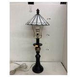Metal & stone lamp with stained glass shade