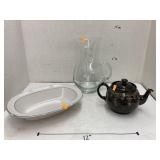 Glass pitcher, tea pot, & stoneware bowl