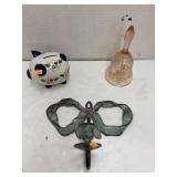 Pink glass bell, piggy bank, & metal bow candle